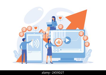 SMM, Social Media Network Influencer Marketing. Darstellung von Inhalten mit hohem ROI, Vektordarstellung für die Produktion von Top-Medieninhalten Stock Vektor