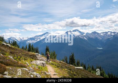 Alleinwanderer auf dem High Note Trail vor der Kulisse der majestätischen Berge von Whistler. Stockfoto