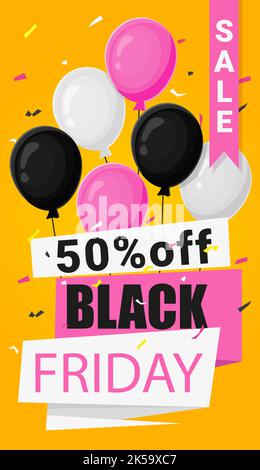 Text Black Friday Sale und 50 off auf dem Hintergrund von Ballons und Konfetti Stock Vektor