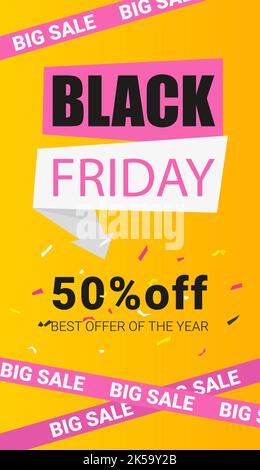 Text Black Friday Big Sale und 50 Off vertikale Web-Banner mit hellem Design in gelb und rosa Farben Stock Vektor
