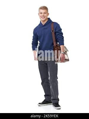 HES und A Student. Ganzkörperporträt eines hübschen jungen Studenten, der mit seiner Tasche und seinem Laptop steht. Stockfoto