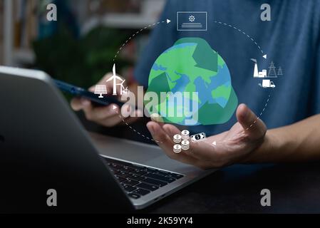 Organisationen oder Unternehmen entwickeln Carbon Credit Business Virtual Screen. Reduzierung der Emissionen von CO2. Konzept der nachhaltigen Geschäftsentwicklung. Stockfoto