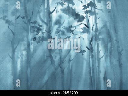 Kiefernwald im Nebel Aquarell Hintergrund Stockfoto