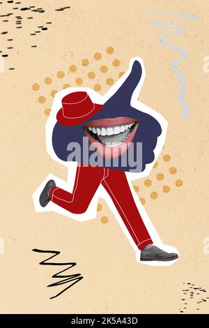 Kreative Trend Collage der laufenden Person Daumen nach oben Social Media wie Symbol Reaktion großen Mund Lächeln Hut statt Kopf Blogging beliebt genehmigen Stockfoto