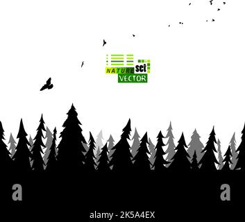 Silhouette von Wald und fliegenden Vögeln. Fichtenwaldlinie. Vektorgrafik Stock Vektor