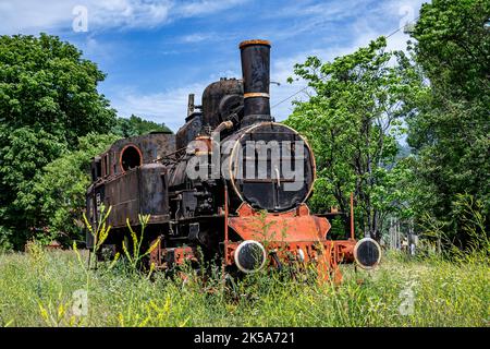 Die alte Dampflokomotive steht in einem Depot in Petrosani, Rumänien Stockfoto