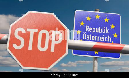 Schranke mit STOPPSCHILD und Infotafel 'Republik Oesterreich' (Republik Österreich) Stockfoto