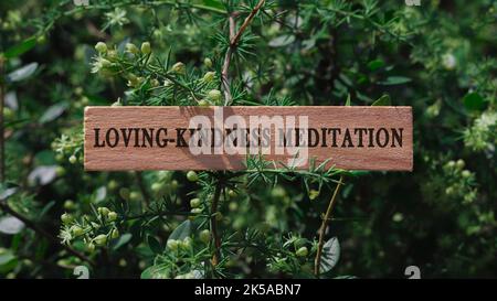 Liebevolle, gütevolle Meditation. Geschrieben auf Holzoberfläche. Hintergrundbaumblätter. Psychische Gesundheit und Lebensstil. Stockfoto