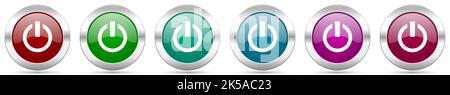 Power silbernes Metallic-Vektor-Icon-Set, runde glänzende Knöpfe mit Chromrand für Webdesign Stock Vektor