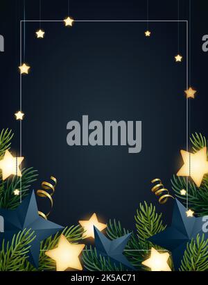Weihnachtliches Hintergrunddesign mit Tannenzweigen, leuchtenden Sternen, goldenen Serpentinen und Papiersternen. Dunkler Hintergrund mit Platz für Text. Vektorbanner Stockfoto