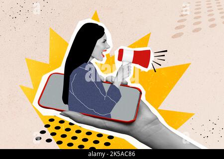 Kreative Foto 3D Collage Poster Postkarte Kunstwerk von Frau innerhalb Telefon kündigen Verkauf Online-Shop eshop isoliert auf Malerei Hintergrund Stockfoto