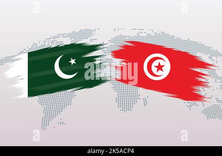 Pakistan gegen Tunesien Flaggen. Islamische Republik Pakistan VS Tunesien Flaggen, isoliert auf grauem Weltkarte Hintergrund. Vektorgrafik. Stock Vektor