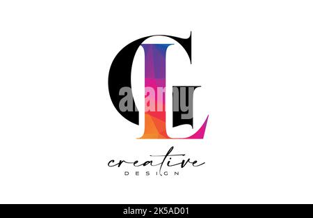 GL Letter Design mit kreativem Schnitt und farbenfroher Regenbogenstruktur. LG Letter Icon Vector Logo mit Serif-Schrift und minimalistischem Stil. Stock Vektor