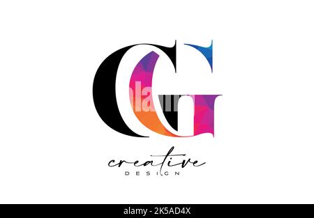 GG Letter Design mit kreativem Schnitt und farbenfroher Rainbow-Textur. gg Letter Icon Vektor-Logo mit Serif-Schriftart und minimalistischem Stil. Stock Vektor