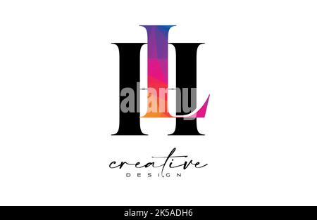 HL Briefdesign mit kreativem Schnitt und farbenfroher Regenbogenstruktur. LH Letter Icon Vektor-Logo mit Serif-Schrift und minimalistischem Stil. Stock Vektor