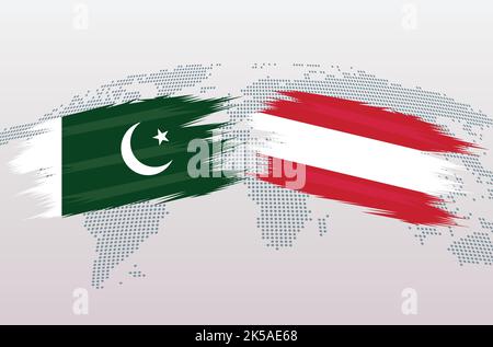 Pakistan gegen Österreich Flaggen. Islamische Republik Pakistan gegen Österreich Flaggen, isoliert auf grauem Hintergrund der Weltkarte. Vektorgrafik. Stock Vektor