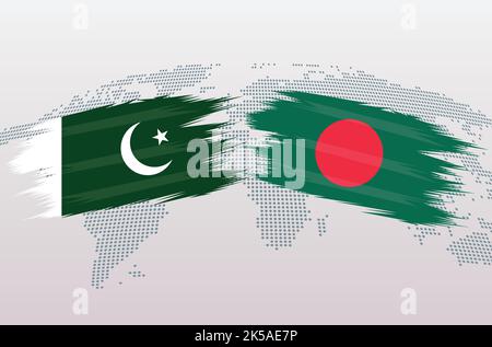 Pakistan gegen Bangladesh Flaggen. Islamische Republik Pakistan gegen Bangladesch-Flaggen, isoliert auf grauem Hintergrund der Weltkarte. Vektorgrafik. Stock Vektor