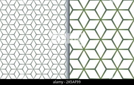 Geometrische nahtlose Muster, Set mit 2. Handgezeichneter Pinselstrich, grüne Farben, Sternraster mit sechs Blütenblättern. Transparenter Hintergrund. Modischer abstrakter Vektor Stock Vektor