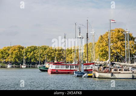 Enkhuizen, Niederlande, 4. Oktober 2022: Boote im Buitenhaven (Außenhafen) mit Eschen in Herbstfarben im Hintergrund Stockfoto