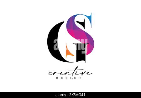 GS Briefdesign mit kreativem Schnitt und farbenfroher Regenbogenstruktur. SG Letter Icon Vektor-Logo mit Serif-Schriftart und minimalistischem Stil. Stock Vektor
