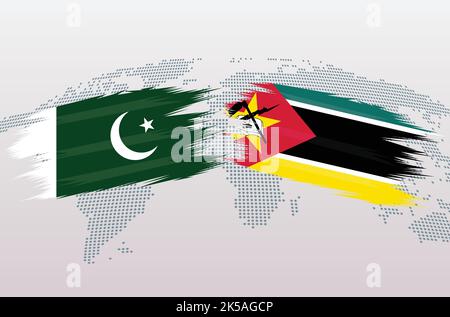 Pakistan gegen Mosambik Flaggen. Islamische Republik Pakistan VS Mosambik Flaggen, isoliert auf grauem Hintergrund der Weltkarte. Vektorgrafik. Stock Vektor