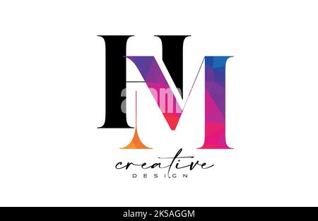 HM Briefdesign mit kreativem Schnitt und farbenfroher Regenbogenstruktur. MH Letter Icon Vektor-Logo mit Serif-Schriftart und minimalistischem Stil. Stock Vektor