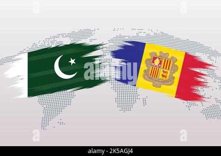 Pakistan gegen Andorra Flaggen. Islamische Republik Pakistan VS Andorra Flaggen, isoliert auf grauem Hintergrund der Weltkarte. Vektorgrafik. Stock Vektor