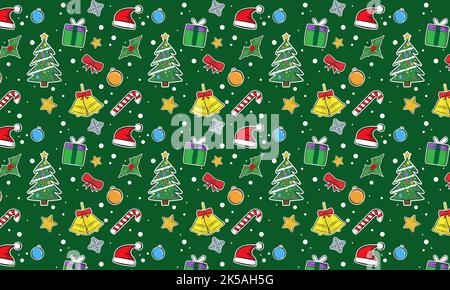 Cartoon-Tapete mit Weihnachtssymbolen für Verpackungsdesign, Geschenkpapier oder als Hintergrund für Ihr Projekt. Stock Vektor