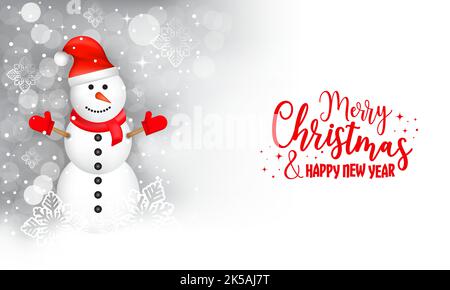 Schneemann mit Weihnachtsmütze in einer Winterferienlandschaft, Schneefall, Sterne und Schneeflocken. Grußkarte zu Weihnachten und Neujahr. Stock Vektor