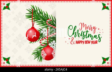 Weihnachtskarte. Hängende rot verzierte Kugeln mit Band auf grünen Ästen mit Zauberstab und Schneeflocken. Dekorativer Retro-Rahmen. Stock Vektor