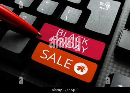 Konzeptunterschrift Black Friday Sale. Konzept Bedeutung die Käufer mit exklusiven Produkten zu gewinnen ist niedriger Preis Stockfoto