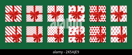Set von Weihnachtsgeschenken mit dekorativem Muster und rotem Band. Stock Vektor