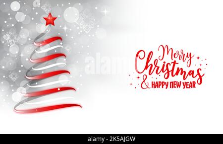 Weihnachtsbaum mit rotem Stern vor dem Hintergrund der Winterferien magische Schneelandschaft mit Schneeflocken und Sternen. Grußkarte zu Weihnachten und Neujahr. Stock Vektor