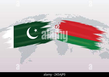Pakistan gegen Belarus Flaggen. Islamische Republik Pakistan VS Belarus Flaggen, isoliert auf grauem Hintergrund der Weltkarte. Vektorgrafik. Stock Vektor