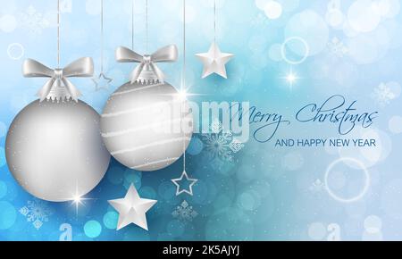 Frohe Weihnachten und Frohes neues Jahr. Grußkarte mit weihnachtskugeln und Sternen. Bokeh Hintergrund mit Schneefall, Schneeflocken und glühenden Kreisen. Stock Vektor