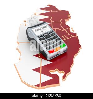 Katar-Karte mit POS-Terminal. Bargeldloses Bezahlen in Katar Konzept. 3D Darstellung isoliert auf weißem Hintergrund Stockfoto