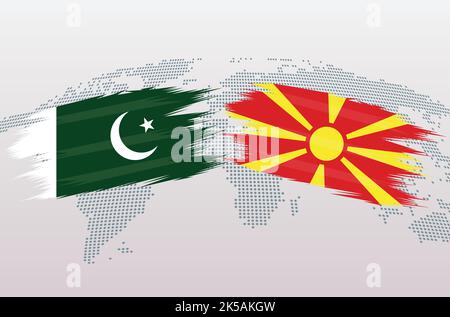 Pakistan gegen Nordmakedonien Flaggen. Islamische Republik Pakistan VS Nordmakedonien Flaggen, isoliert auf grauem Hintergrund der Weltkarte. Vektorgrafik. Stock Vektor