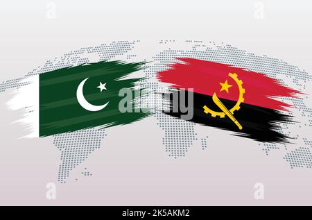 Pakistan gegen Angola Flaggen. Islamische Republik Pakistan gegen Angola-Flaggen, isoliert auf grauem Hintergrund der Weltkarte. Vektorgrafik. Stock Vektor