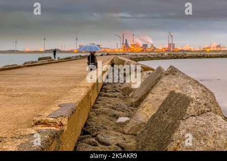 Betonsteg in der Nähe von IJmuiden mit Angler-Fischern an einem bewölkten Nachmittag und Schwerindustrie im Hintergrund. Provinz Nordholland, Niederlande Stockfoto