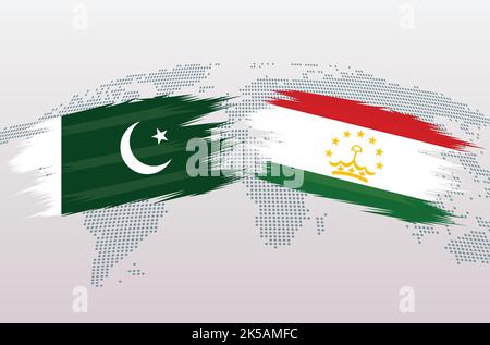 Pakistan gegen Tadschikistan Flaggen. Islamische Republik Pakistan gegen Tadschikistan Flaggen, isoliert auf grauem Hintergrund der Weltkarte. Vektorgrafik. Stock Vektor