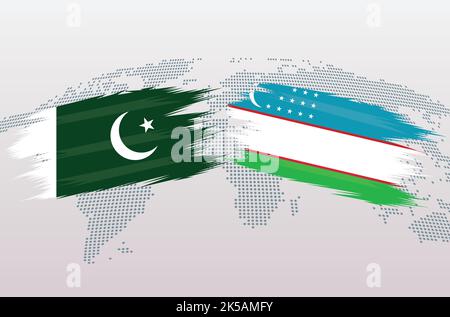 Pakistan gegen Usbekistan Flaggen. Islamische Republik Pakistan VS Usbekistan Flaggen, isoliert auf grauem Hintergrund der Weltkarte. Vektorgrafik. Stock Vektor