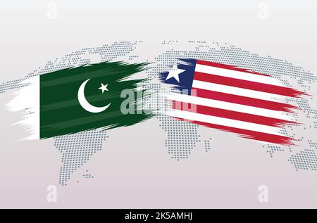 Pakistan gegen Liberia Flaggen. Islamische Republik Pakistan gegen Liberia-Flaggen, isoliert auf grauem Hintergrund der Weltkarte. Vektorgrafik. Stock Vektor