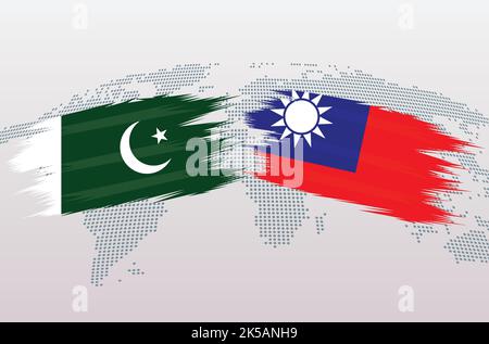 Flaggen Pakistan gegen Taiwan. Islamische Republik Pakistan gegen Taiwan-Flaggen, isoliert auf grauem Hintergrund der Weltkarte. Vektorgrafik. Stock Vektor