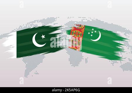 Pakistan gegen Turkmenistan Flaggen. Islamische Republik Pakistan VS Turkmenistan Flaggen, isoliert auf grauem Hintergrund der Weltkarte. Vektorgrafik. Stock Vektor