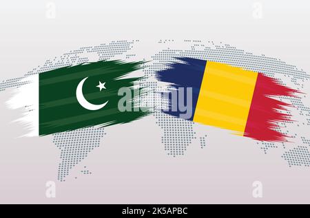 Pakistan gegen Tschad Flaggen. Islamische Republik Pakistan VS Tschad-Flaggen, isoliert auf grauem Hintergrund der Weltkarte. Vektorgrafik. Stock Vektor