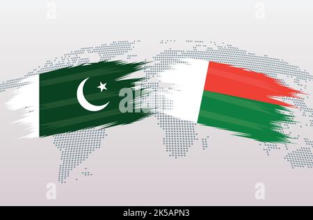 Pakistan gegen Madagaskar Flaggen. Islamische Republik Pakistan VS Madagaskar Flaggen, isoliert auf grauem Hintergrund der Weltkarte. Vektorgrafik. Stock Vektor