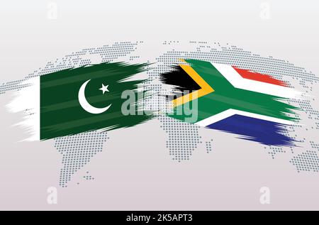 Pakistan gegen Südafrika Flaggen. Islamische Republik Pakistan VS südafrikanische Flaggen, isoliert auf grauem Hintergrund der Weltkarte. Vektorgrafik. Stock Vektor