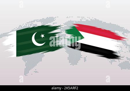 Pakistan gegen Sudan Flaggen. Islamische Republik Pakistan VS Sudan Flaggen, isoliert auf grauem Hintergrund der Weltkarte. Vektorgrafik. Stock Vektor