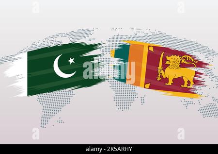 Pakistan gegen Sri Lanka Flaggen. Islamische Republik Pakistan gegen Sri Lanka Flaggen, isoliert auf grauem Hintergrund der Weltkarte. Vektorgrafik. Stock Vektor