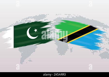 Pakistan gegen Tansania Flaggen. Islamische Republik Pakistan gegen Tansania-Flaggen, isoliert auf grauem Hintergrund der Weltkarte. Vektorgrafik. Stock Vektor